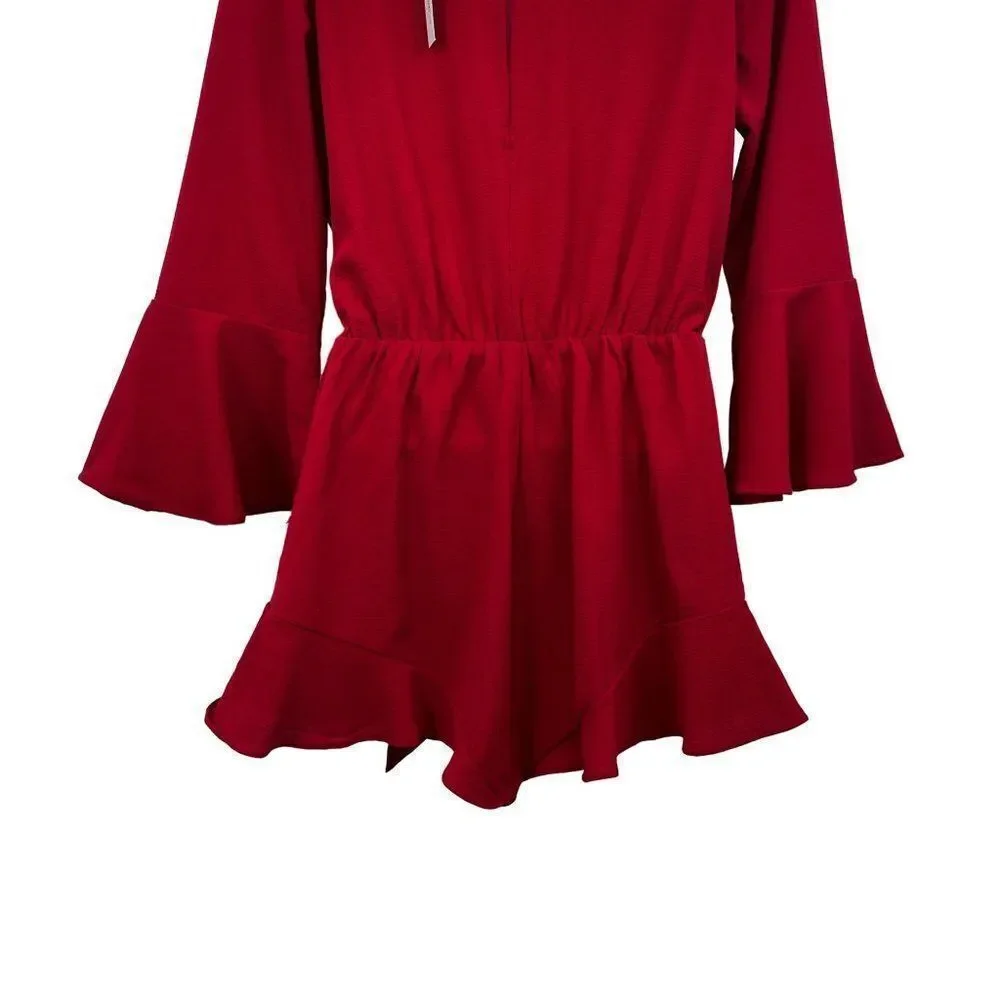 She & Sky Wrap V-Neck Side Tie Red Ruffle Romper Small - Picture 6 of 9